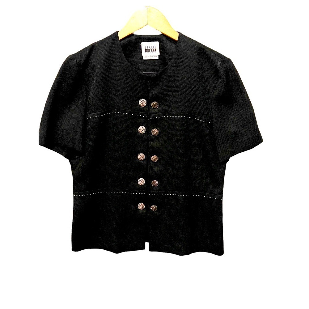 VTG Leslie Fay Dresses Top Shirt Button Up Black Silver Short Sleeve Size 8